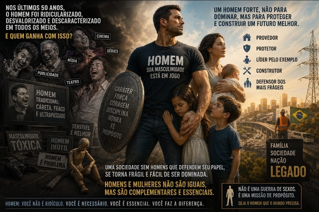 Infográfico: nos últimos 50 anos o homem foi ridicularizado pela mídia, cinema, séries, publicidade e teatro; ao lado, um homem forte protege sua família, representando caráter, força, coragem, disciplina, honra, fé e propósito.