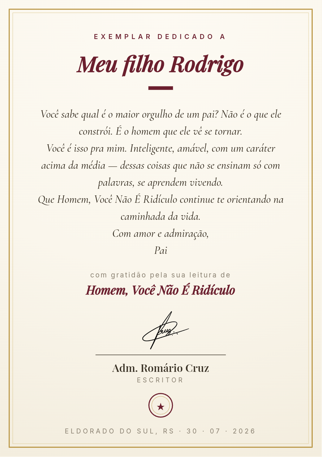 Exemplo de página de dedicatória personalizada