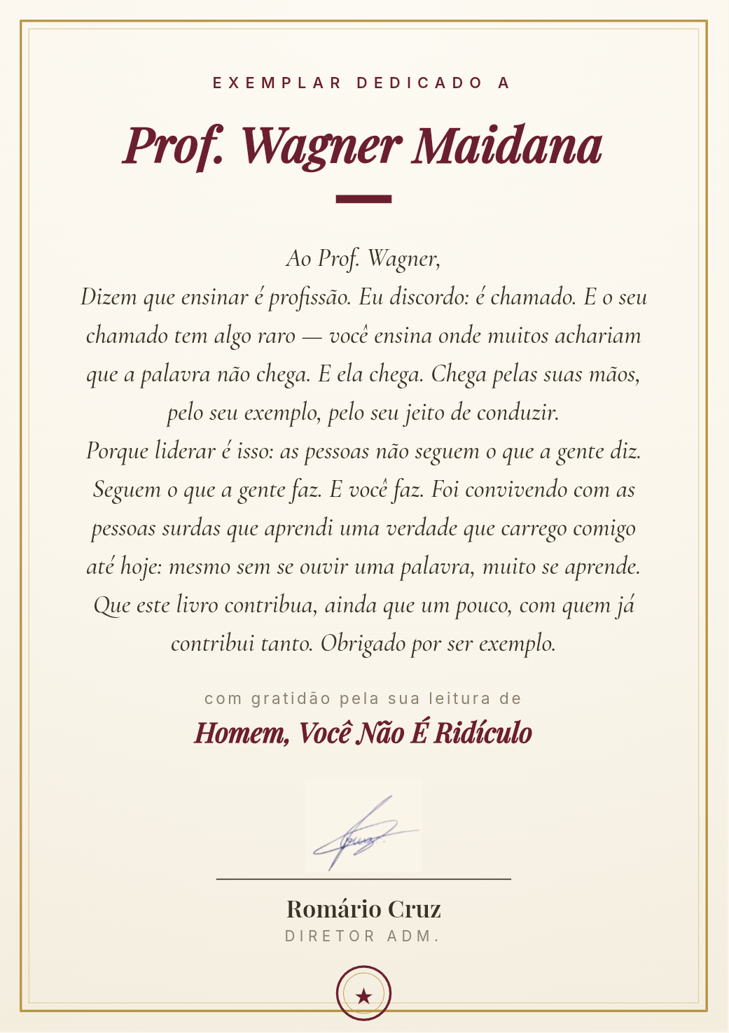 Exemplo de página de dedicatória personalizada
