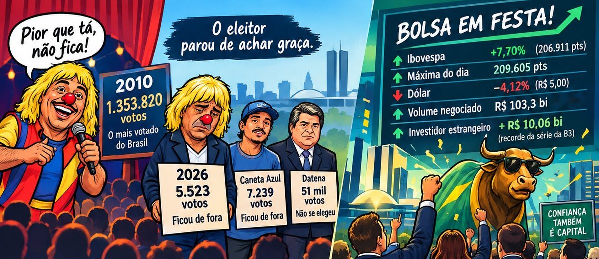 Infográfico: o palhaço que foi o mais votado em 2010 e ficou de fora em 2026, ao lado de um painel “Bolsa em festa” com Ibovespa +7,70% e dólar −4,12%.