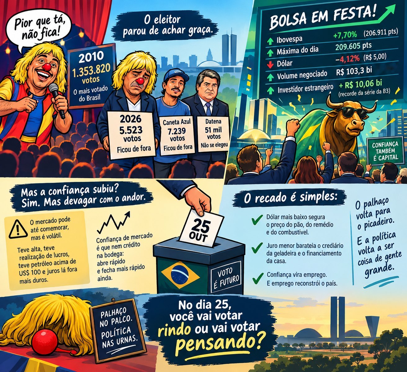 Infográfico em quatro quadros. No primeiro, um palhaço de peruca loira no palco diz “Pior que tá, não fica!” ao lado da placa “2010: 1.353.820 votos, o mais votado do Brasil”; ao lado, o mesmo palhaço, cabisbaixo, segura a placa “2026: 5.523 votos, ficou de fora”, junto de Caneta Azul (7.239 votos, ficou de fora) e Datena (51 mil votos, não se elegeu), sob o título “O eleitor parou de achar graça”. No segundo, o painel “Bolsa em festa”: Ibovespa +7,70% (206.911 pontos), máxima do dia de 209.605 pontos, dólar −4,12% (R$ 5,00), volume negociado de R$ 103,3 bilhões e investidor estrangeiro com + R$ 10,06 bilhões, recorde da série da B3, com um touro de óculos escuros e a placa “Confiança também é capital”. No terceiro, “Mas a confiança subiu? Sim. Mas devagar com o andor”: o mercado é volátil, teve realização de lucros, petróleo acima de US$ 100 e juros lá fora mais duros, e confiança de mercado é que nem crédito na bodega. No quarto, “O recado é simples”: dólar mais baixo segura o preço do pão, do remédio e do combustível; juro menor barateia o crediário e o financiamento; confiança vira emprego. No rodapé, uma urna com a cédula “25 out” e a pergunta: “No dia 25, você vai votar rindo ou vai votar pensando?”.