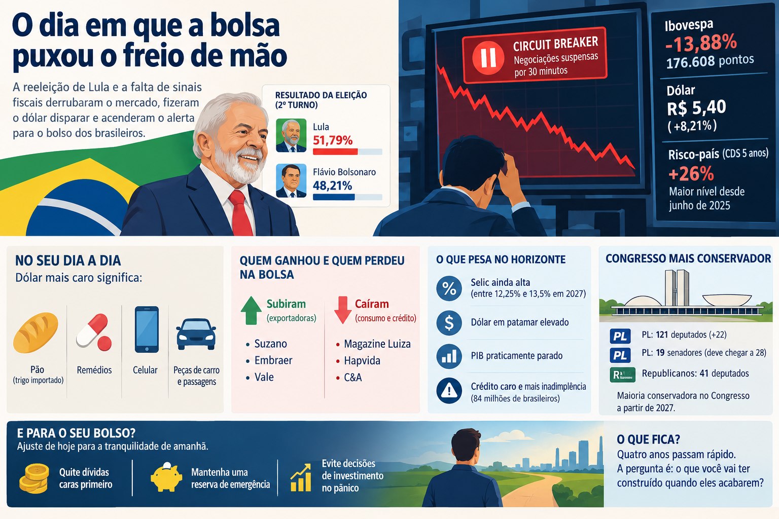 Infográfico “O dia em que a bolsa puxou o freio de mão”. No alto, o texto: a reeleição de Lula e a falta de sinais fiscais derrubaram o mercado, fizeram o dólar disparar e acenderam o alerta para o bolso dos brasileiros; ao lado, a ilustração de Lula sorrindo diante da bandeira do Brasil e o quadro “Resultado da eleição (2º turno)”: Lula 51,79%, Flávio Bolsonaro 48,21%. À direita, um homem com a mão na cabeça diante de uma tela com o gráfico despencando e o aviso “Circuit breaker: negociações suspensas por 30 minutos”, e o painel: Ibovespa −13,88%, 176.608 pontos; dólar R$ 5,40 (+8,21%); risco-país (CDS 5 anos) +26%, maior nível desde junho de 2025. Abaixo, quatro quadros. “No seu dia a dia — dólar mais caro significa”: pão (trigo importado), remédios, celular, peças de carro e passagens. “Quem ganhou e quem perdeu na bolsa”: subiram as exportadoras Suzano, Embraer e Vale; caíram as de consumo e crédito Magazine Luiza, Hapvida e C&A. “O que pesa no horizonte”: Selic ainda alta (entre 12,25% e 13,5% em 2027), dólar em patamar elevado, PIB praticamente parado, crédito caro e mais inadimplência (84 milhões de brasileiros). “Congresso mais conservador”: PL com 121 deputados (+22) e 19 senadores (deve chegar a 28), Republicanos com 41 deputados; maioria conservadora no Congresso a partir de 2027. No rodapé, “E para o seu bolso? Ajuste de hoje para a tranquilidade de amanhã”: quite dívidas caras primeiro, mantenha uma reserva de emergência, evite decisões de investimento no pânico. E “O que fica? Quatro anos passam rápido. A pergunta é: o que você vai ter construído quando eles acabarem?”.