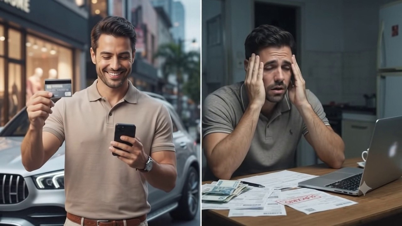 Imagem dividida ao meio: à esquerda, um homem sorrindo na calçada com um cartão de crédito na mão e o celular na outra, diante de um carro de luxo e da vitrine iluminada de uma loja; à direita, o mesmo tipo de homem sentado à mesa da cozinha, com as mãos na cabeça, diante de contas espalhadas e de um extrato bancário negativo no notebook.