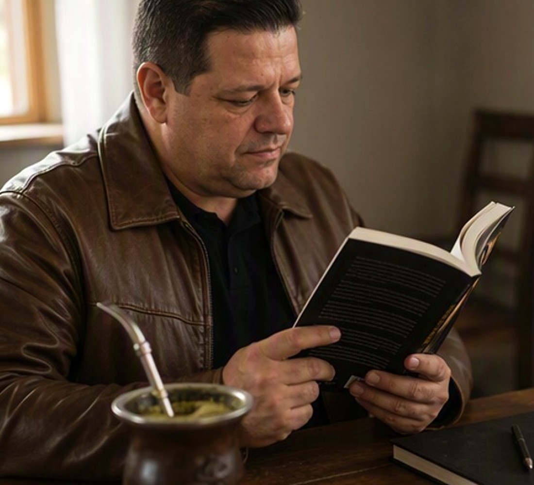 Romário Cruz lendo Homem, Você Não É Ridículo, mate do lado, na mesa de casa.