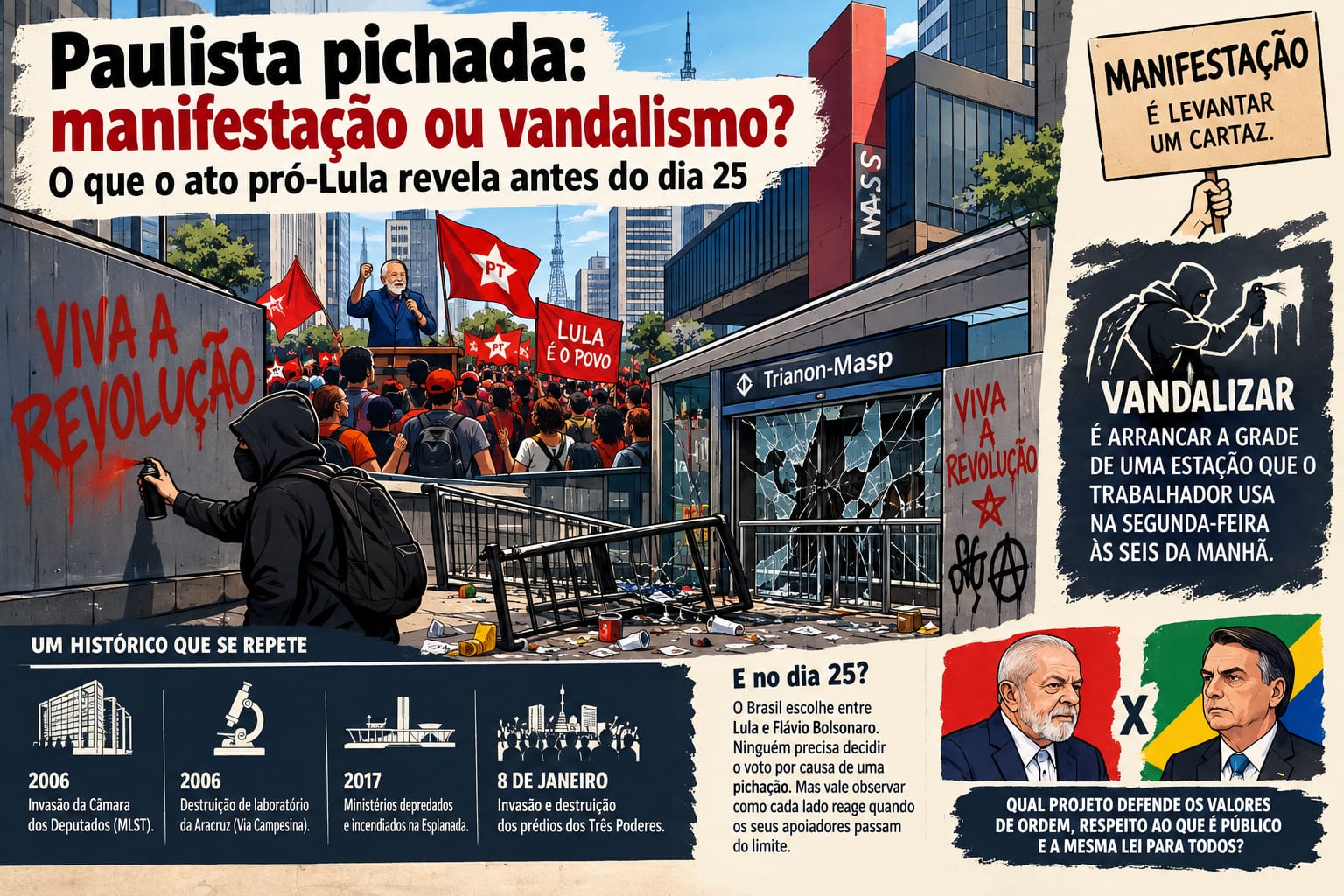 Ilustração editorial. Na Avenida Paulista, um ato com bandeiras vermelhas do PT e a faixa “Lula é o povo”; em primeiro plano, um homem encapuzado picha “Viva a Revolução” num muro, ao lado da entrada da estação Trianon-Masp com vidros quebrados e grade derrubada. À direita, dois quadros: “Manifestação é levantar um cartaz” e “Vandalizar é arrancar a grade de uma estação que o trabalhador usa na segunda-feira às seis da manhã”. Embaixo, a linha do tempo “Um histórico que se repete”: 2006, invasão da Câmara dos Deputados (MLST); 2006, destruição de laboratório da Aracruz (Via Campesina); 2017, ministérios depredados e incendiados na Esplanada; 8 de janeiro, invasão e destruição dos prédios dos Três Poderes. Ao lado, o quadro “E no dia 25?” e os retratos dos dois candidatos com a pergunta “Qual projeto defende os valores de ordem, respeito ao que é público e a mesma lei para todos?”.