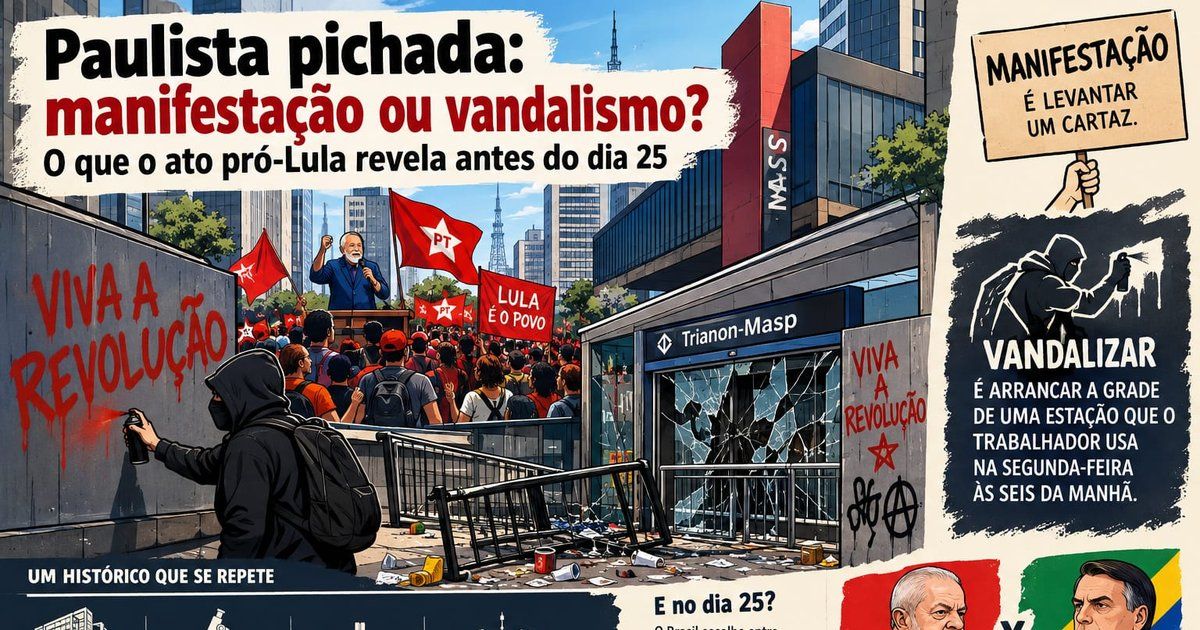 Ilustração: ato com bandeiras vermelhas na Avenida Paulista, um homem encapuzado pichando “Viva a Revolução” e a entrada da estação Trianon-Masp com vidros quebrados.