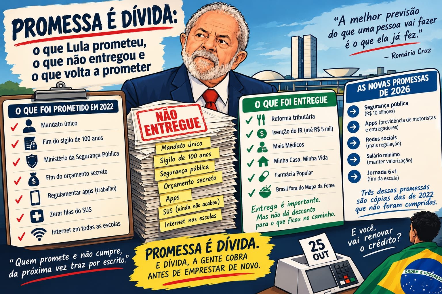 Ilustração editorial. No centro, caricatura de Lula atrás de uma pilha de papéis carimbada “Não entregue”, com etiquetas: mandato único, sigilo de 100 anos, segurança pública, orçamento secreto, apps, SUS (ainda não acabou) e internet nas escolas. À esquerda, a prancheta “O que foi prometido em 2022”. À direita, o quadro verde “O que foi entregue”: reforma tributária, isenção do IR até R$ 5 mil, Mais Médicos, Minha Casa, Minha Vida, Farmácia Popular e Brasil fora do Mapa da Fome, com a frase “Entrega é importante. Mas não dá desconto para o que ficou no caminho”. Ao lado, o quadro azul “As novas promessas de 2026”: segurança pública (R$ 10 bilhões), previdência para motoristas e entregadores de aplicativo, mais regulação das redes sociais, manter a valorização do salário mínimo e fim da escala 6×1, com a nota “Três dessas promessas são cópias das de 2022 que não foram cumpridas”. Embaixo, uma urna eletrônica com a data 25 de outubro e um eleitor com a bandeira do Brasil: “E você, vai renovar o crédito?”.