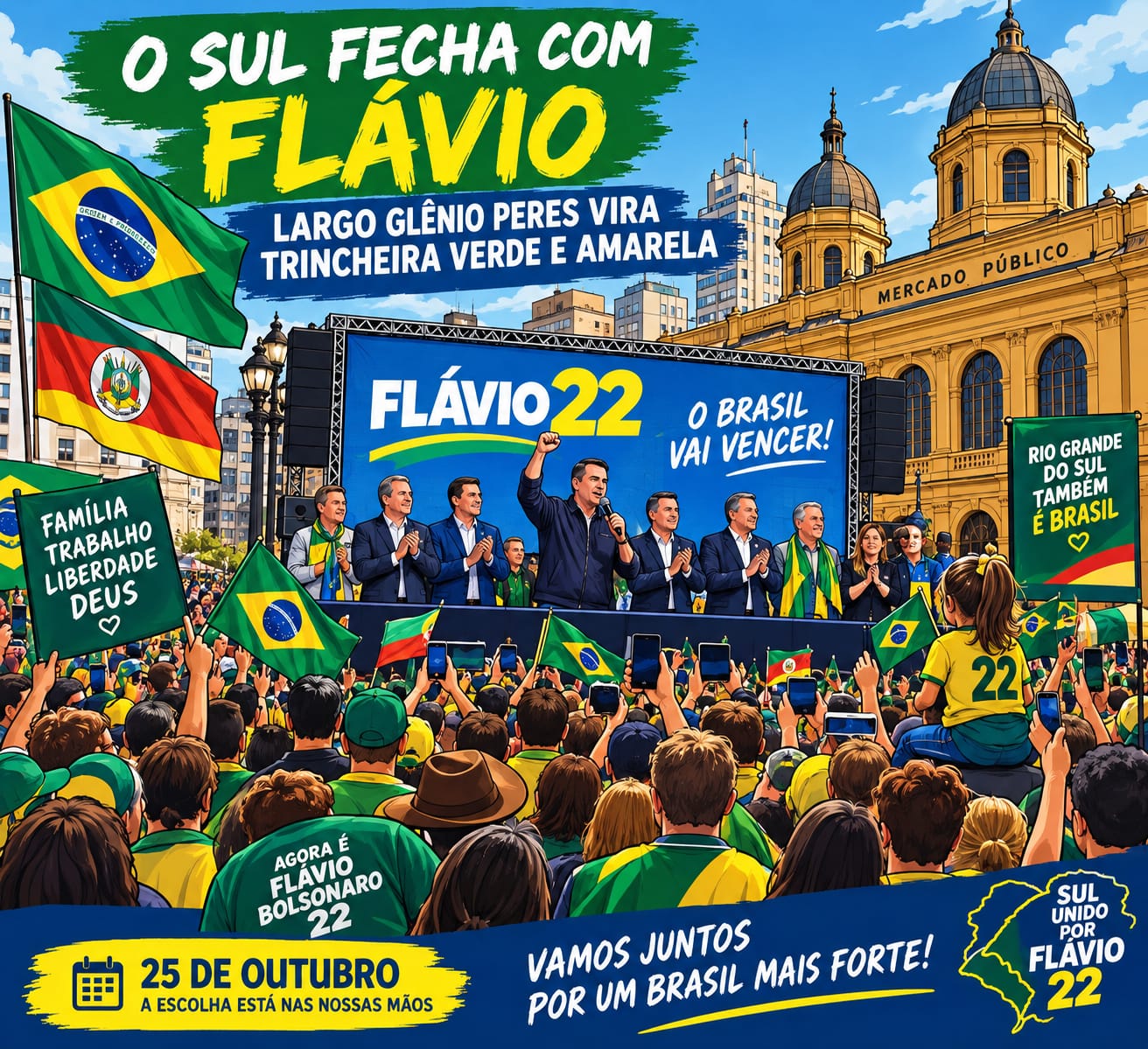 Ilustração editorial. No Largo Glênio Peres, ao lado do prédio amarelo do Mercado Público de Porto Alegre, um palco com o painel “Flávio 22 – O Brasil vai vencer!”. Ao centro, de punho erguido e microfone na mão, Flávio Bolsonaro; ao lado dele, aliados aplaudem. Na praça, uma multidão de verde e amarelo com celulares no alto, bandeiras do Brasil e do Rio Grande do Sul e faixas “Família, trabalho, liberdade, Deus” e “Rio Grande do Sul também é Brasil”. No alto, o título “O Sul fecha com Flávio – Largo Glênio Peres vira trincheira verde e amarela”; embaixo, “25 de outubro – a escolha está nas nossas mãos” e “Vamos juntos por um Brasil mais forte!”.
